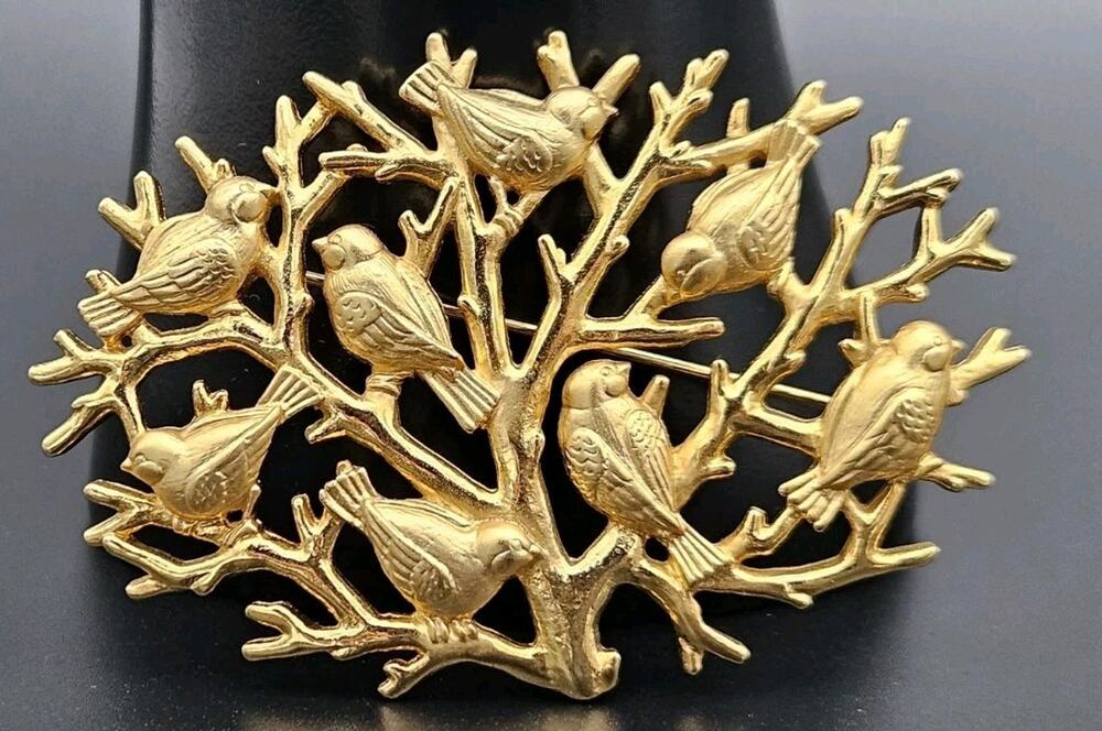 Vintage Jonette JJ Gold Tone Bird Tree Branch Statement Broach Signed